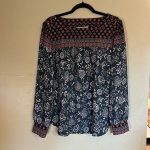 LOFT Navy Blue and White Floral Long Sleeve Blouse with Red Accent